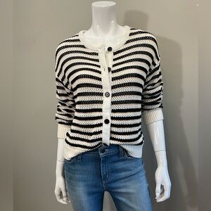 MONROW Black White Stripe Chunky Knit Cardigan Button Front M